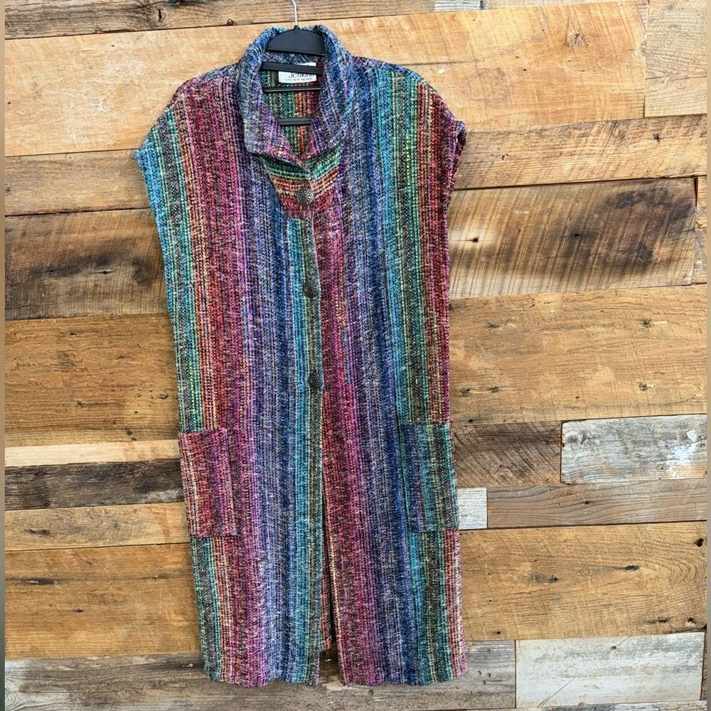 ELIZABETH JENKINS large 3 button Hand woven textiles OSFM sleeveless cardigan